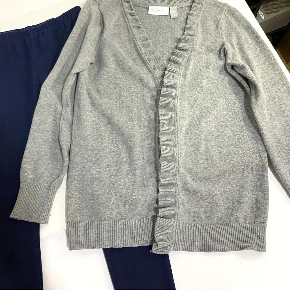 THE CHILDREN’S PLACE Cardigan Sweater Leggings Pants Set Size 10 Gray Navy Blue